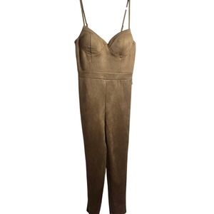 Haute Monde Jumpsuit Women L Tan Faux Suede Bustier Strappy Bodycon Romper Jrs